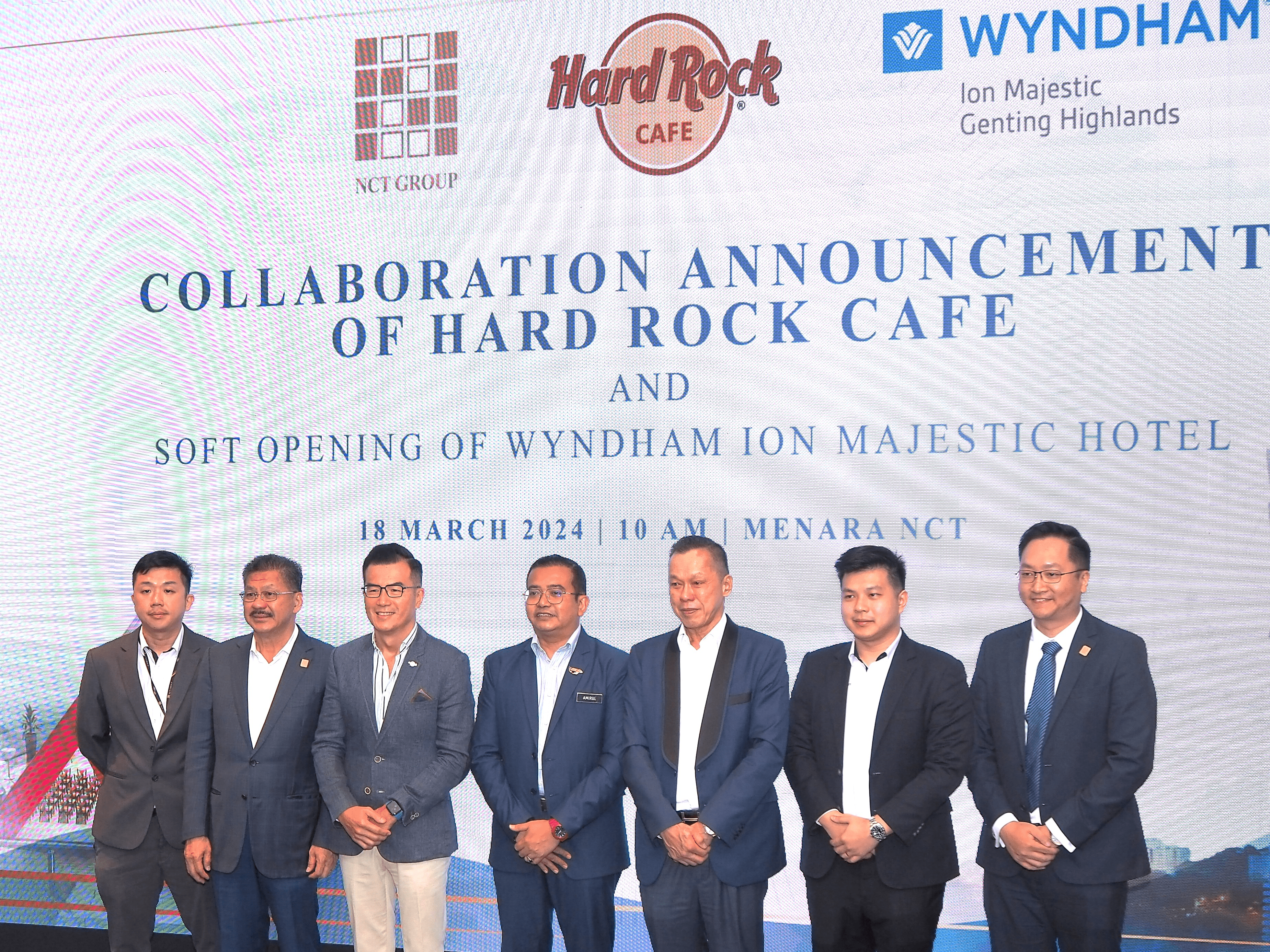 From left: NCT Alliance Bhd executive director Yap Chun Theng, NCT group executive director Datuk Yap Fook Choy, Hard Rock Cafe area vice president, franchise development and operations in Asia Pacific Malcolm Chao, Tourism Malaysia senior deputy director, advertising & digital division Mohd Amirul Rizal Abdul Rahman, NCT Alliance executive chairman and group managing director Datuk Sri Yap Ngan Choy, NCT non-executive director Sae-Yap Atthakovit and Ion Majestic Hospitality Sdn Bhd executive vice president, corporate strategy & business development Tee Yih Fung.